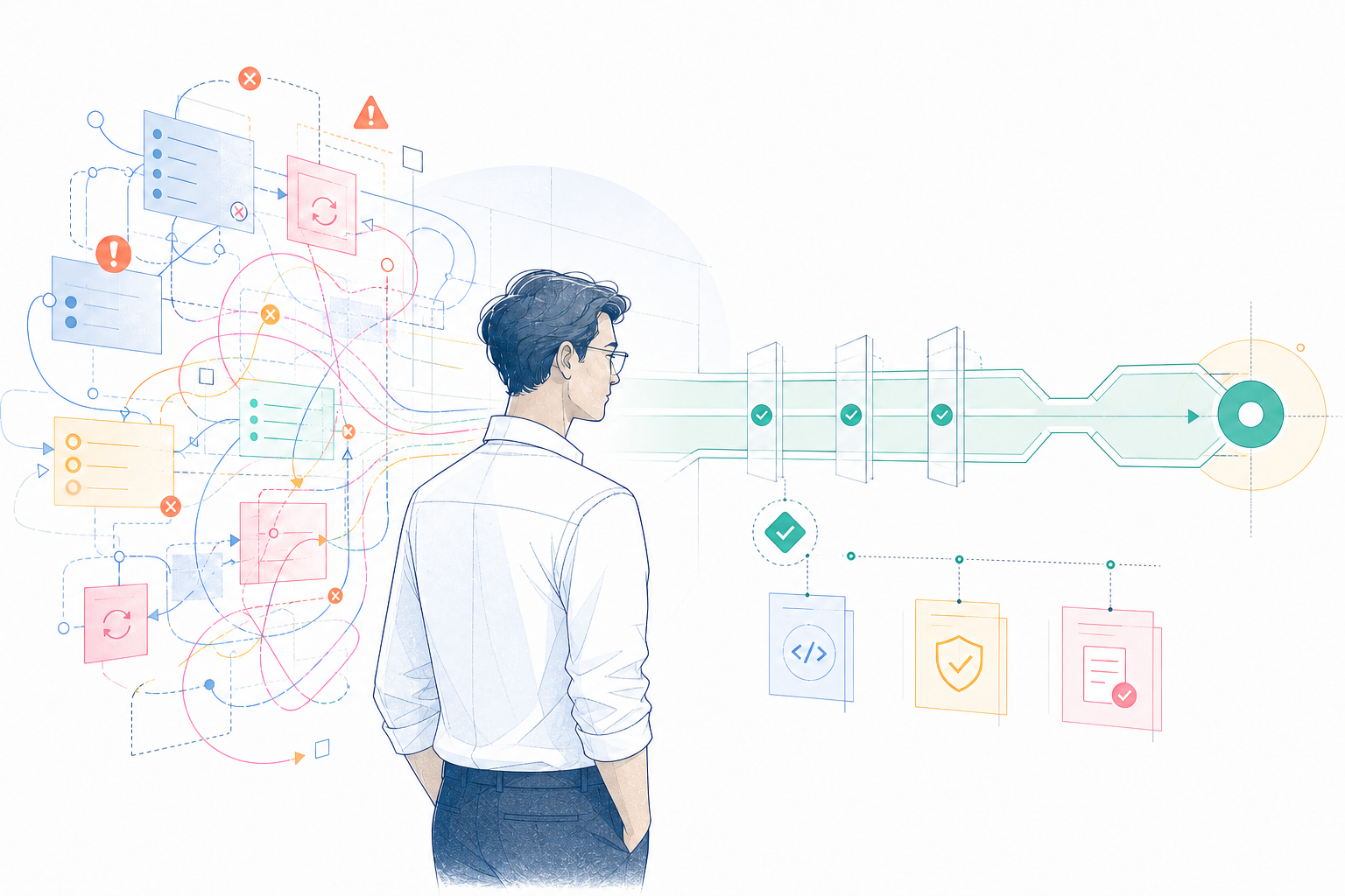 An engineer moving from a tangled AI supervision loop into a controlled delivery line with verified decision points.